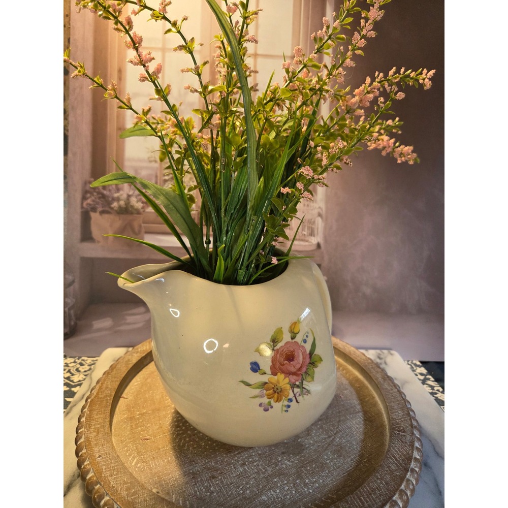 Vintage Floral water jug Cream Color USA Ceramic Rose Flower Decor Farmhouse - Picture 3 of 13
